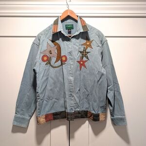 VINTAGE Country Plaid Stars Embroidered Denim Shirt Jacket Size Medium
